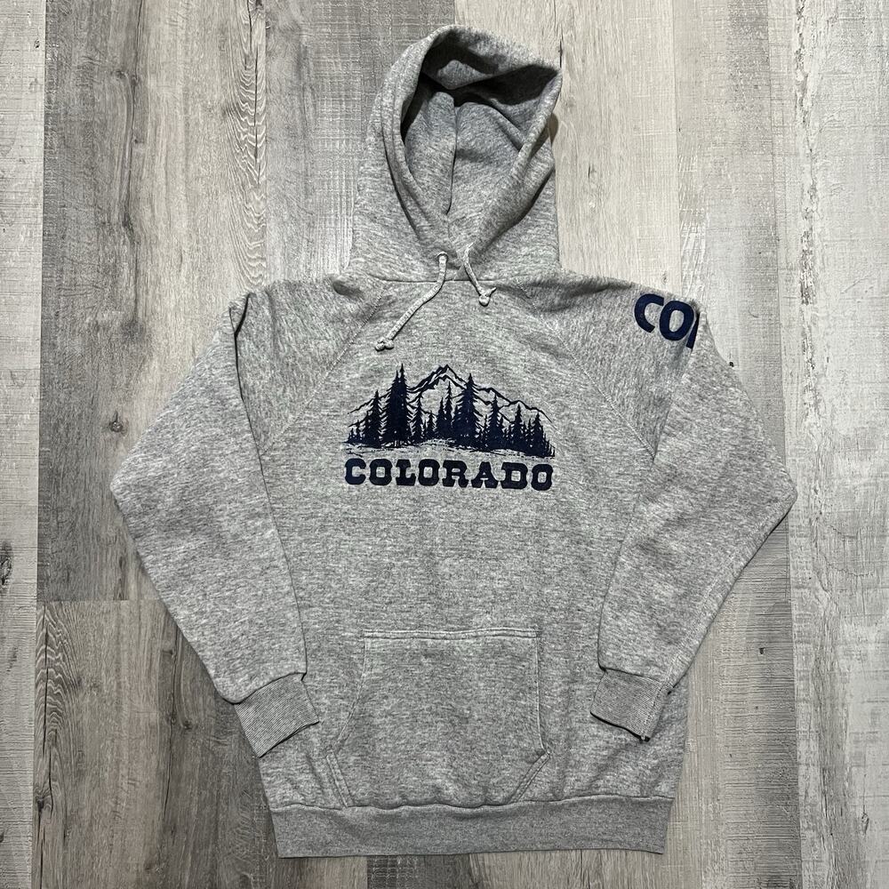 VTG 70s/80s Flock Print Grey Colorado Pull Over Spell Out Mountain Travel Hoodie
